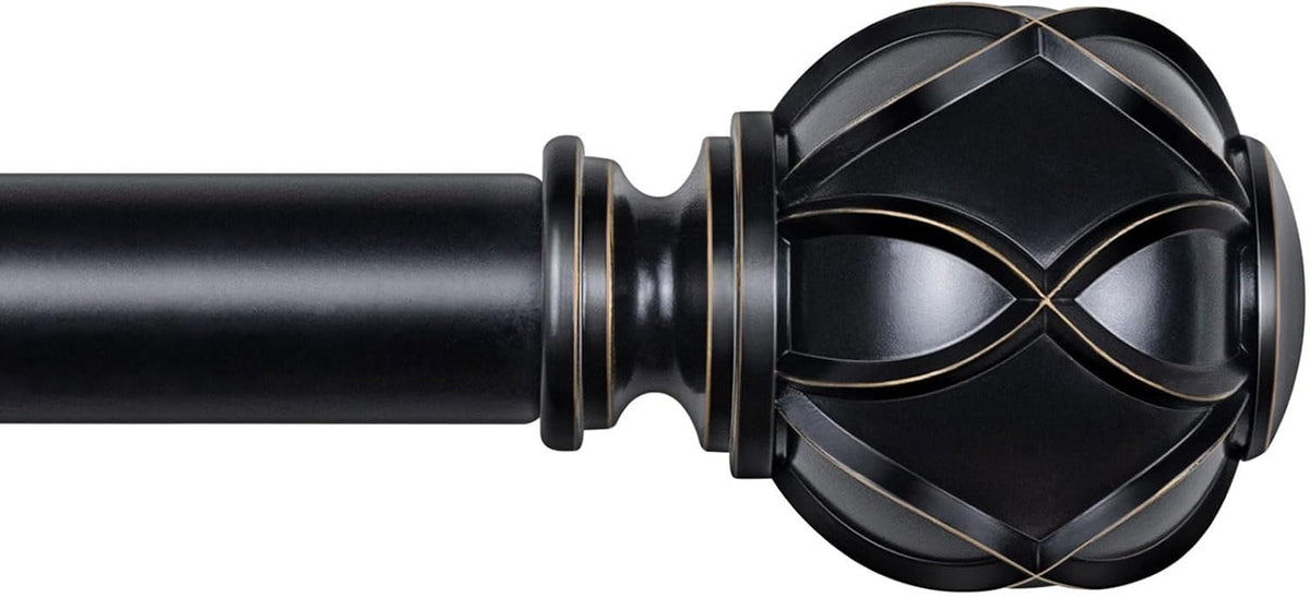 Close-up side view of a black curtain rod with an ornate spherical finial and bronze edge highlights.