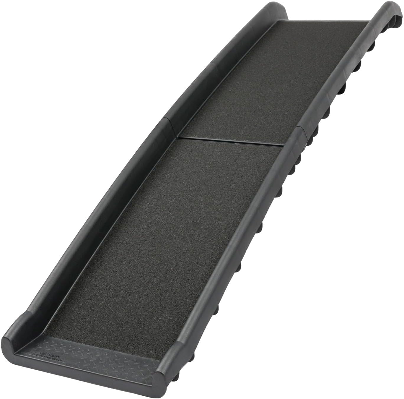 Black folding dog ramp angled front view showing high-traction walking surface and raised side rails