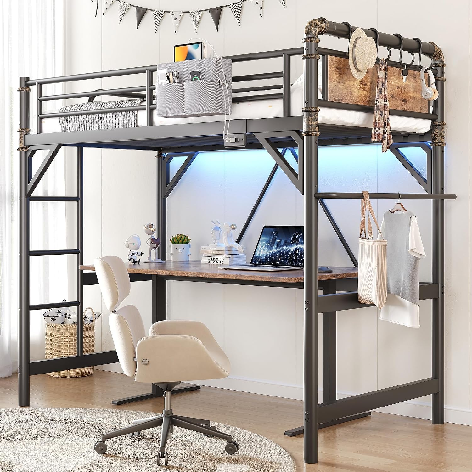 Dark vintage-brown metal loft bed with desk underneath, chair, ladder and blue LED lighting