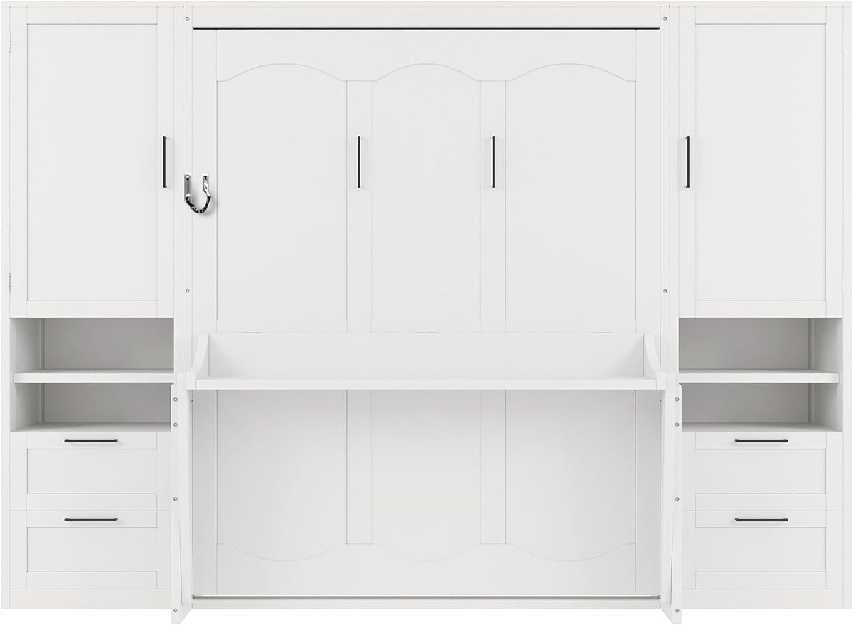 Front view of the wall unit with cabinet doors closed and a fold-down desk panel revealed across the center