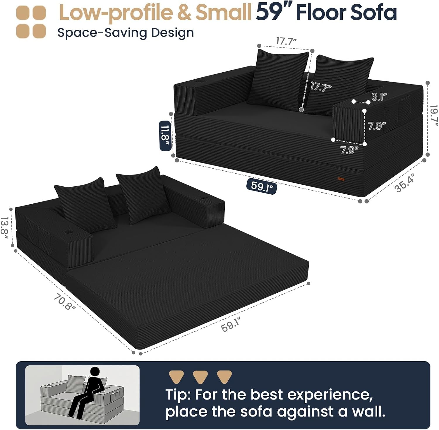 Futon Sofa Bed, Convertible Sofa Bed, Folding Boneless Couches | Low-Profile Boneless Couch for Living Room, 11.8" H Low Seat Small 59" Foldable Floor Sleeper Mattress Lounge Space‑Saving