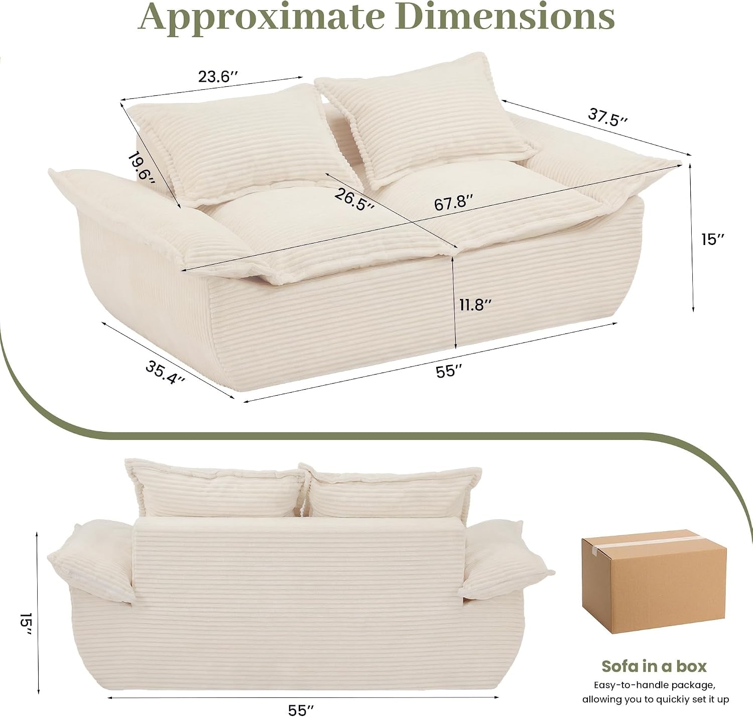 Beige corduroy sofa with diagramed dimensions showing 55-inch width and 35.4-inch depth