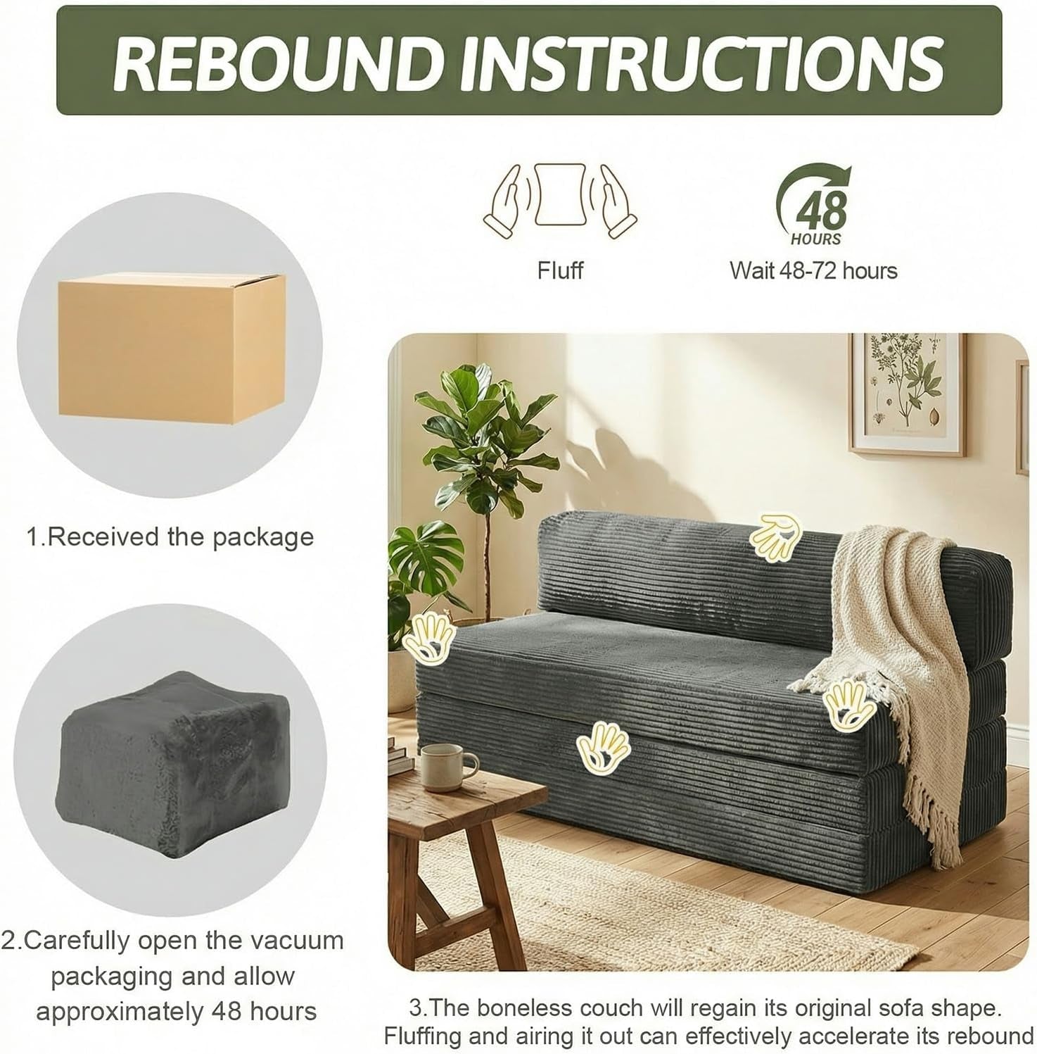 Instruction layout showing a grey corduroy boneless loveseat staged in a sunny room with icons and packaging illustrations
