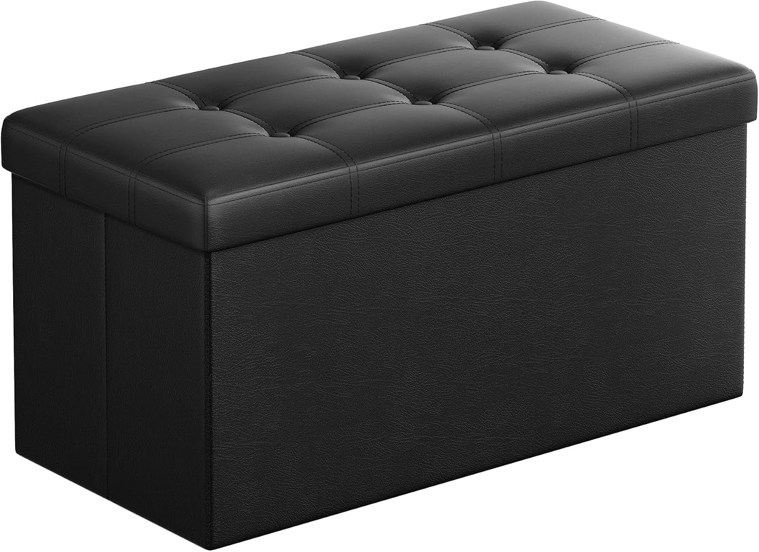 Tufted rectangular storage ottoman bench in black seen from an angled perspective
