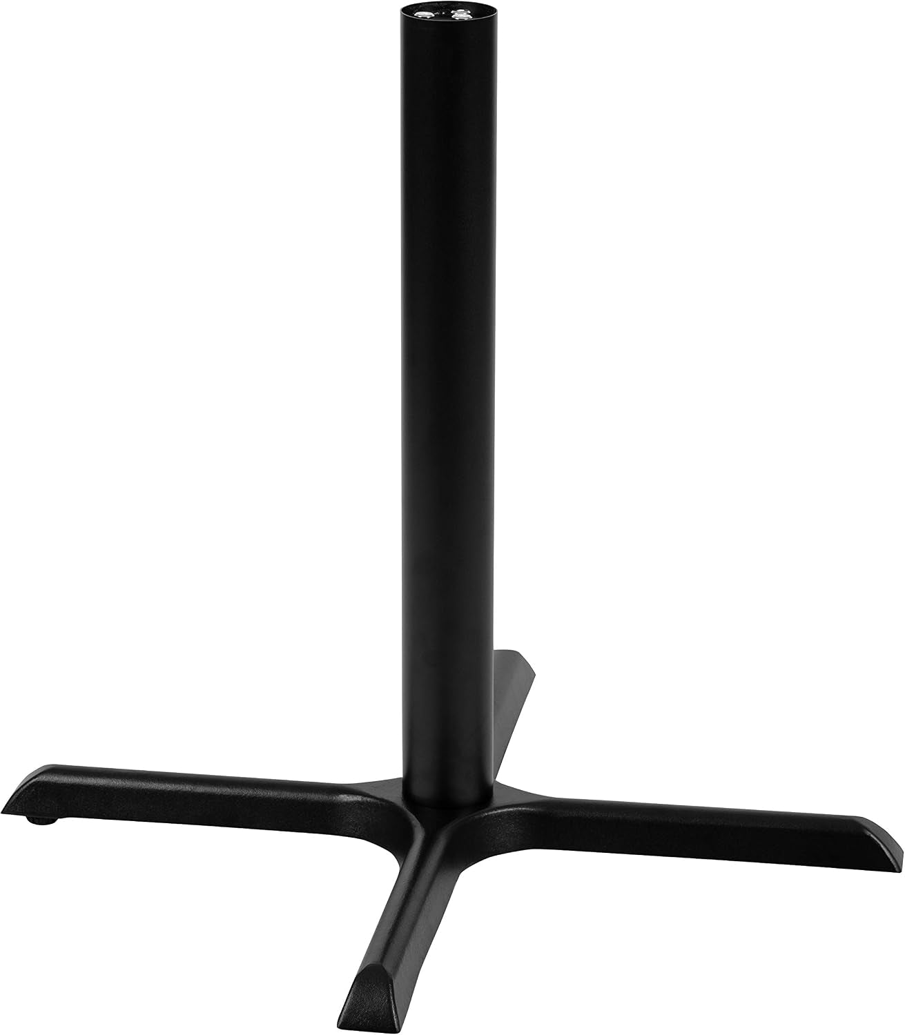Close-up of black metal pedestal column and four-pronged cast-iron X-base on a white background.