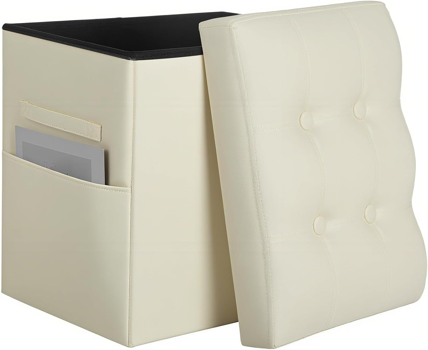 Cream-colored PU ottoman box with the tufted lid leaning against its open top.