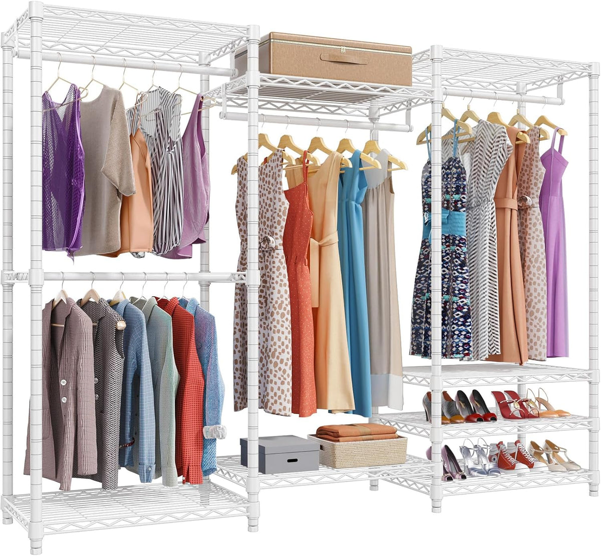 White version of the freestanding metal closet system with clothes, boxes and shoes