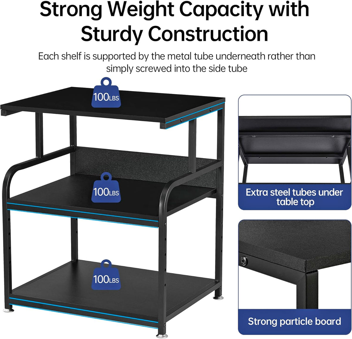 Black printer stand close-up graphic highlighting 100 lb capacity per tier and extra steel tubes under tabletop