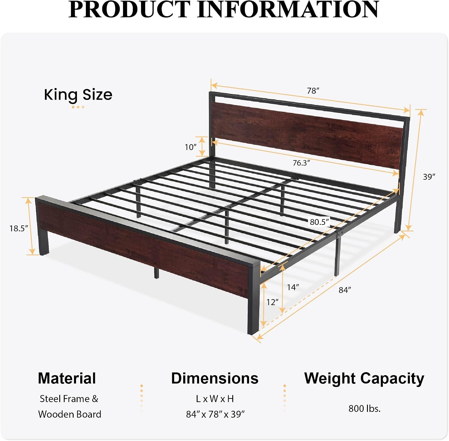 Diagram of king size bed with dimensions labeled 84" × 78" × 39" and illustrated slat layout