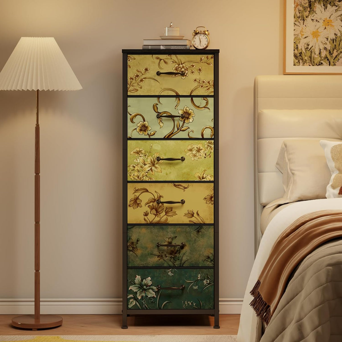 Narrow six-drawer dresser beside a bed with lamp and bedside decor in a warm bedroom
