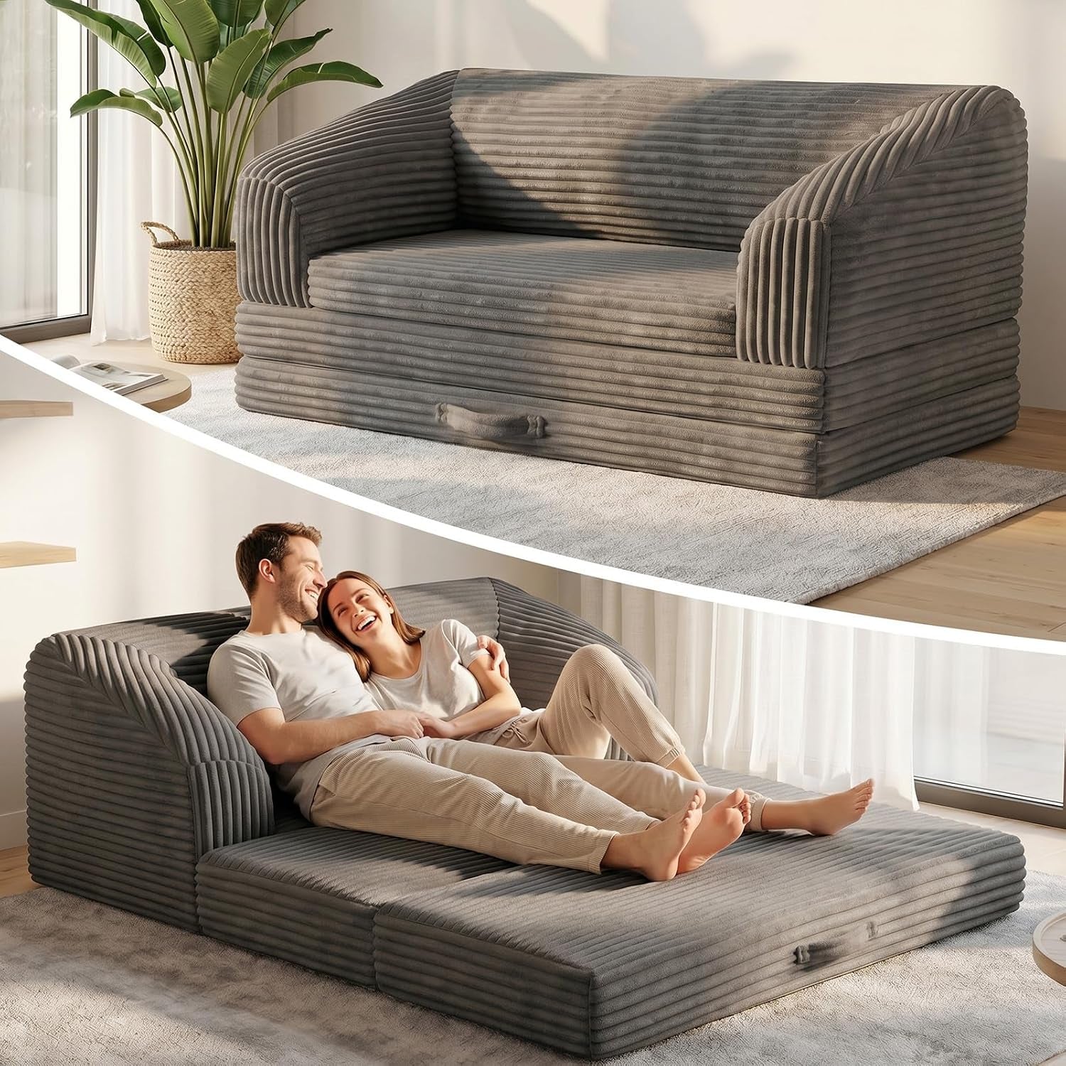 Corduroy dark-gray folding sofa shown as compact sofa and unfolded lounger