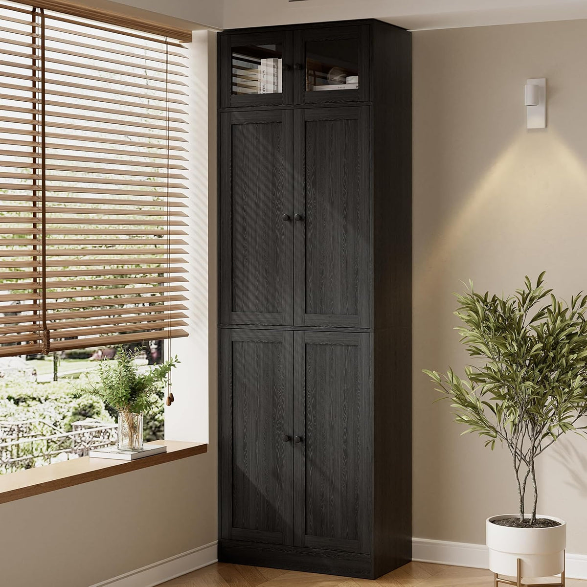 Tall black bookcase with glass upper doors and paneled lower doors standing in a corner by a window and plant.