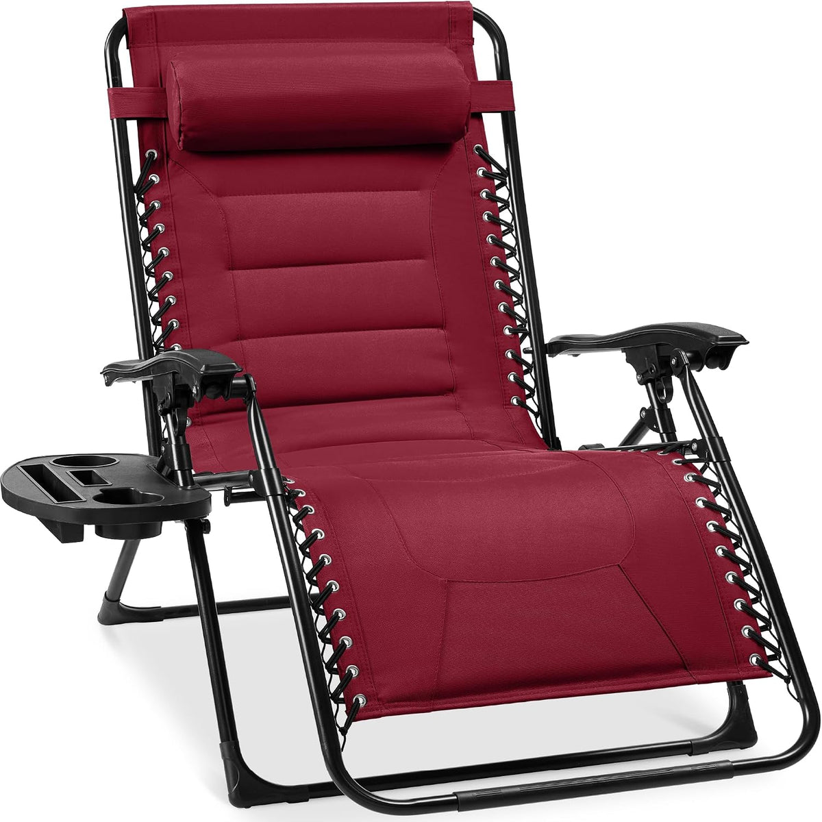 Angled close-up of a burgundy padded zero-gravity recliner showing head pillow, laced sides and side tray