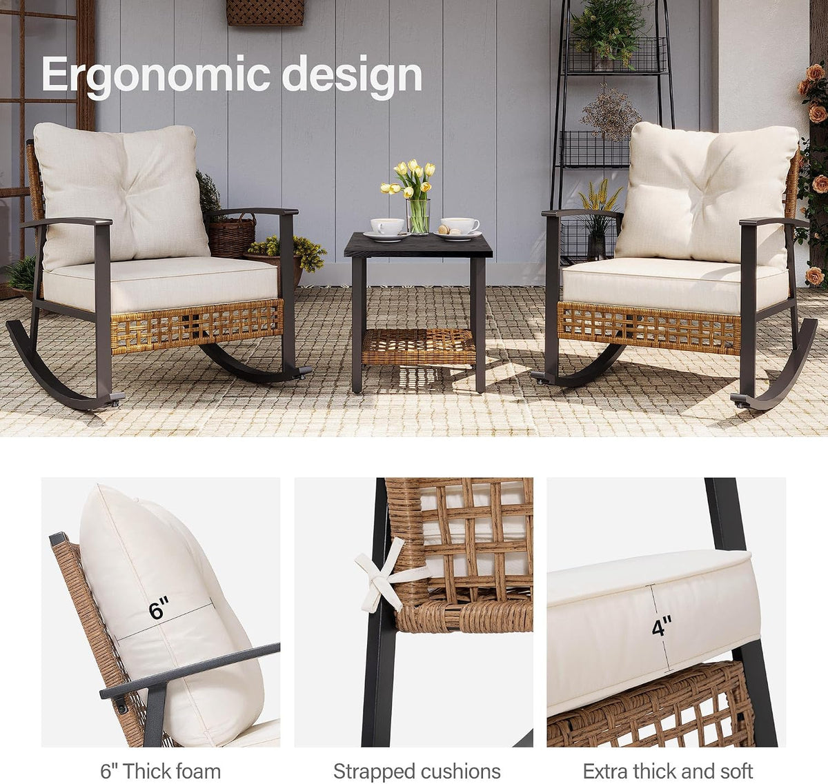 Front view of the three-piece set highlighting ergonomic cushions and the wood-grain tabletop