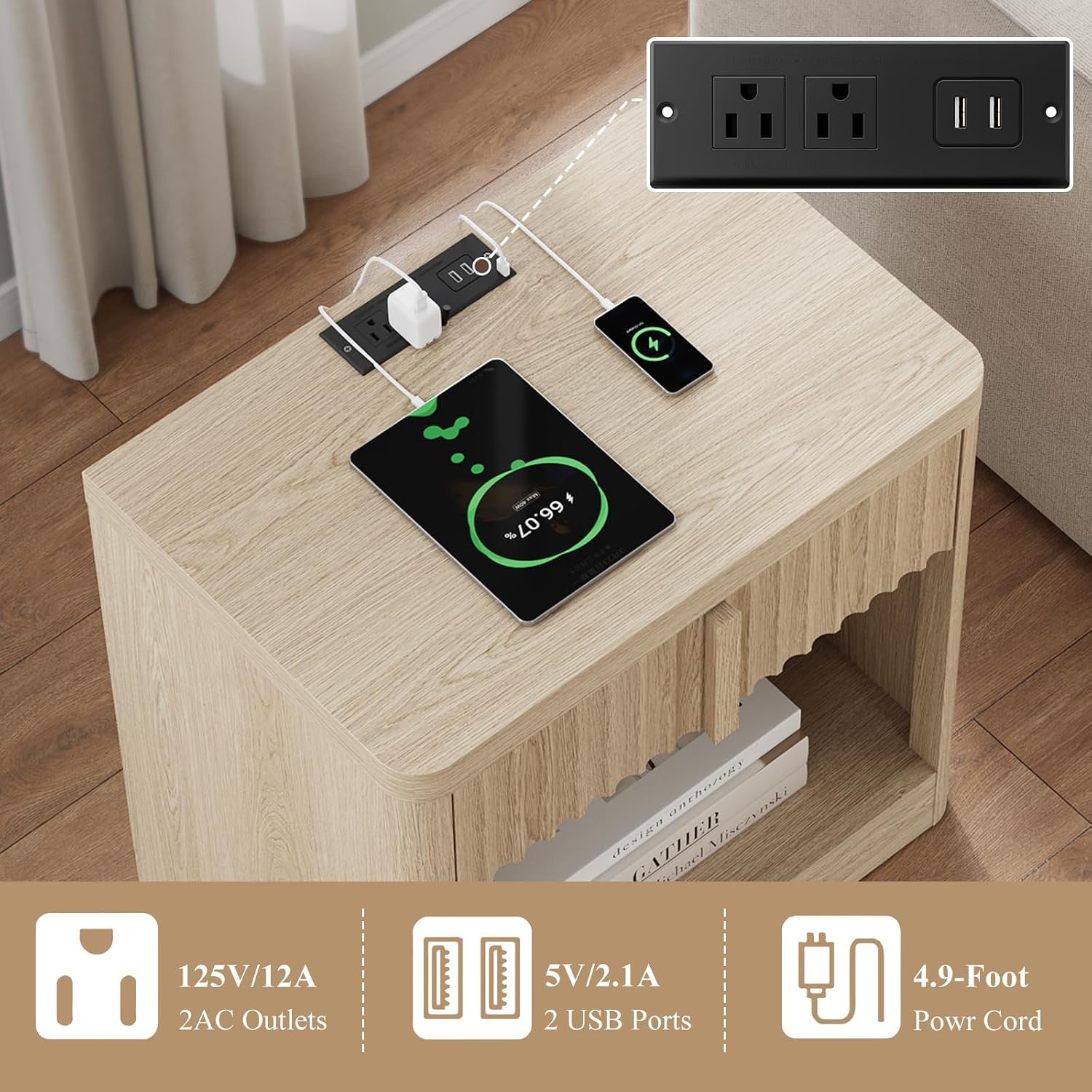 Top-down view of the light wood nightstand with a tablet and phone plugged into a built-in power/USB module on the tabletop.