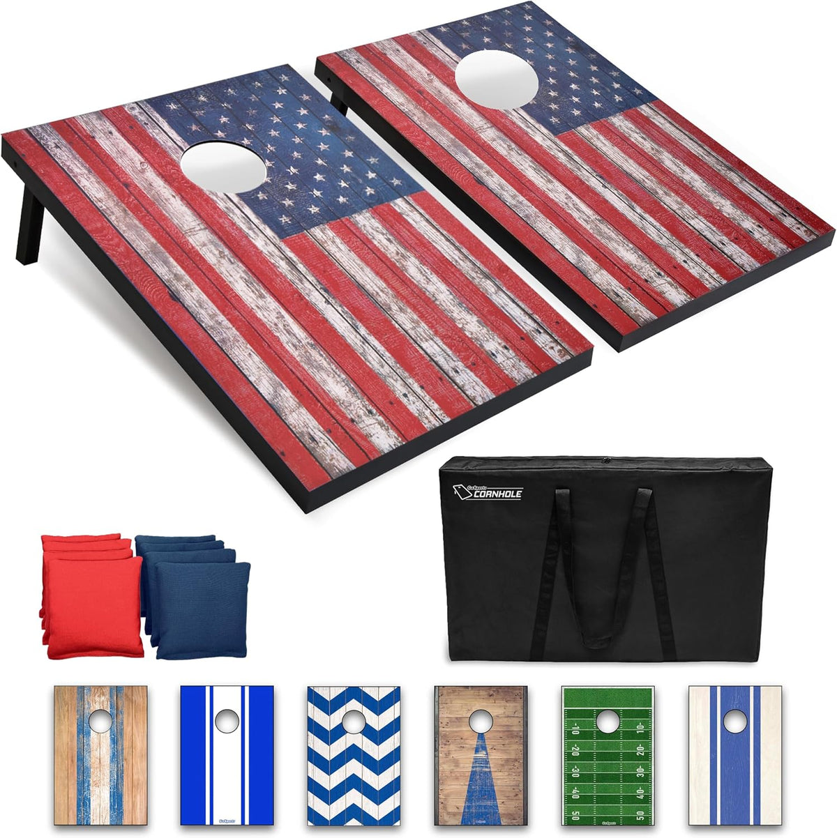 Two cornhole boards with distressed American-flag tops, pictured with a black carry bag and stacks of red and blue bean bags.