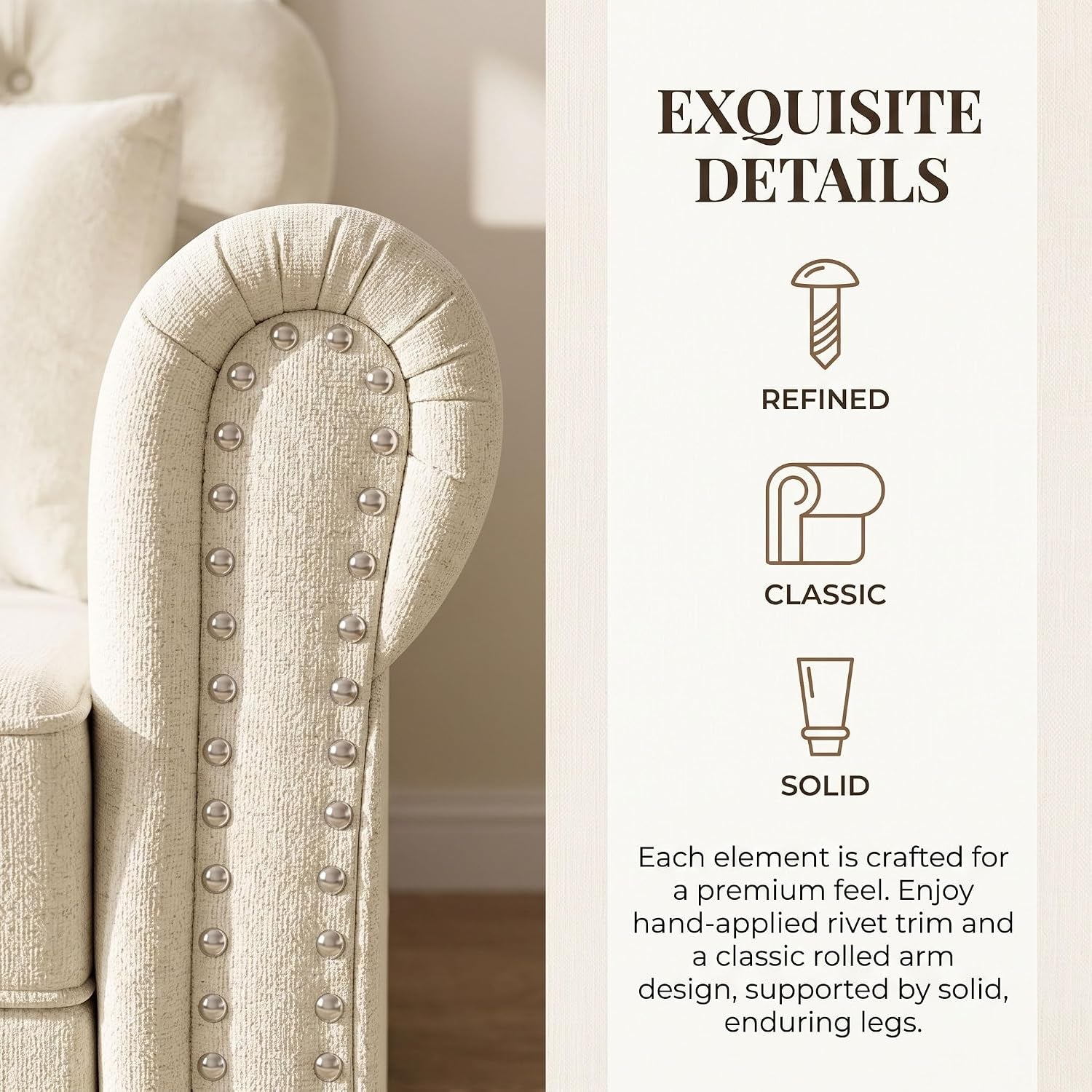 Close-up of a cream rolled arm with vertical trim and textured upholstery on the sofa's side panel.