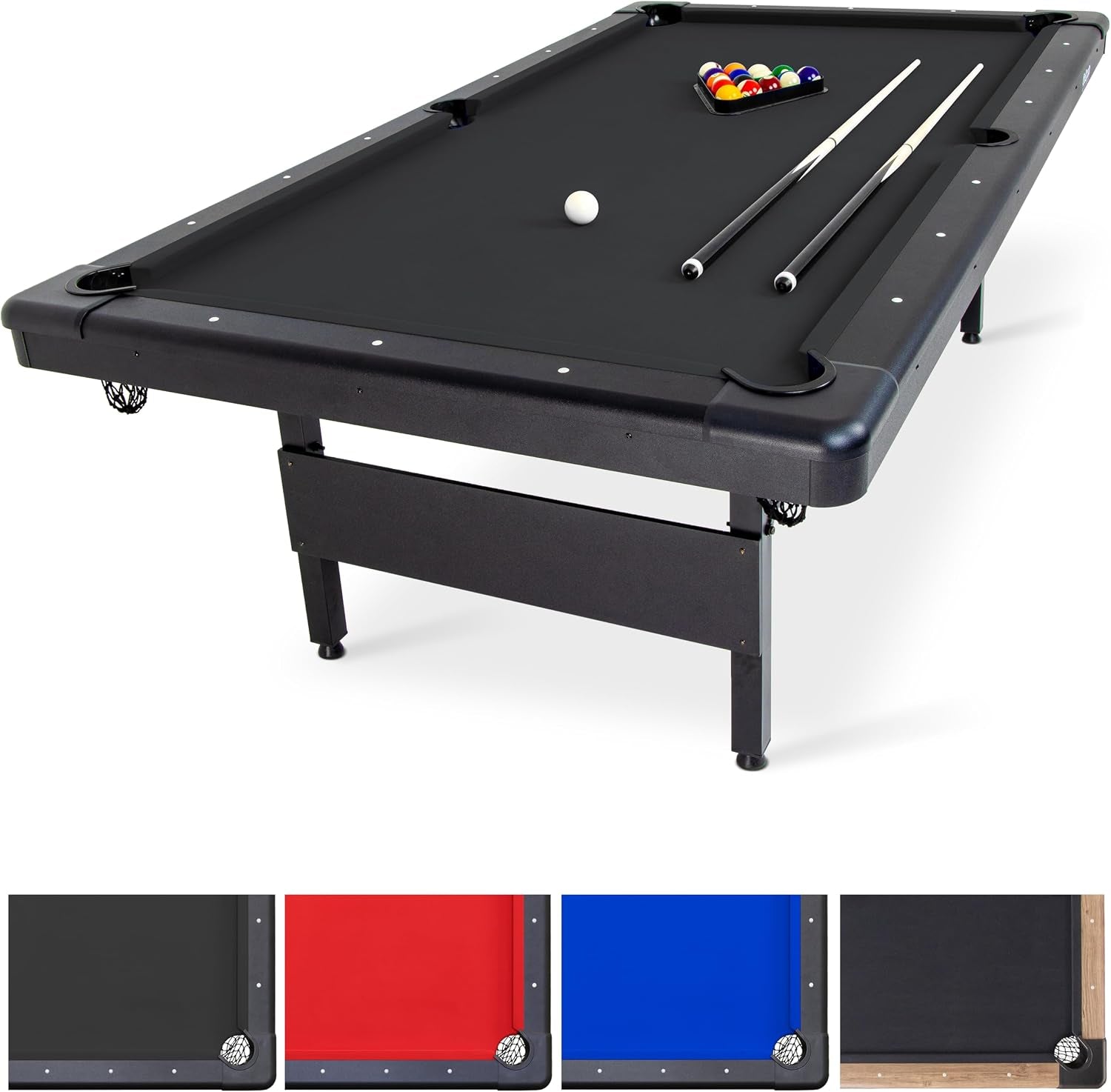 Angled front view of a black-cloth pool table with two cues, cue ball, racked balls and visible support legs.