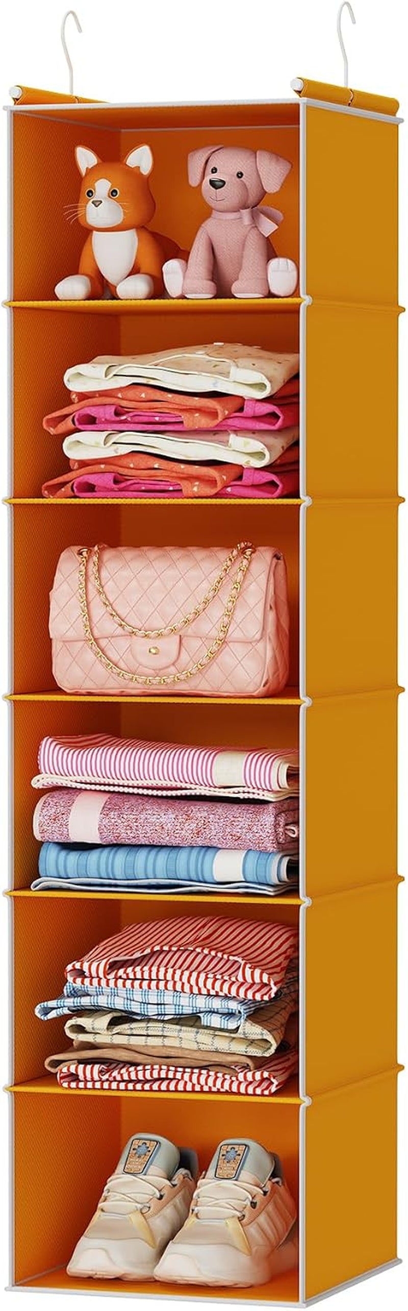 Orange 6-tier hanging shelf unit with hooks, each shelf holding folded clothes, a handbag and shoes