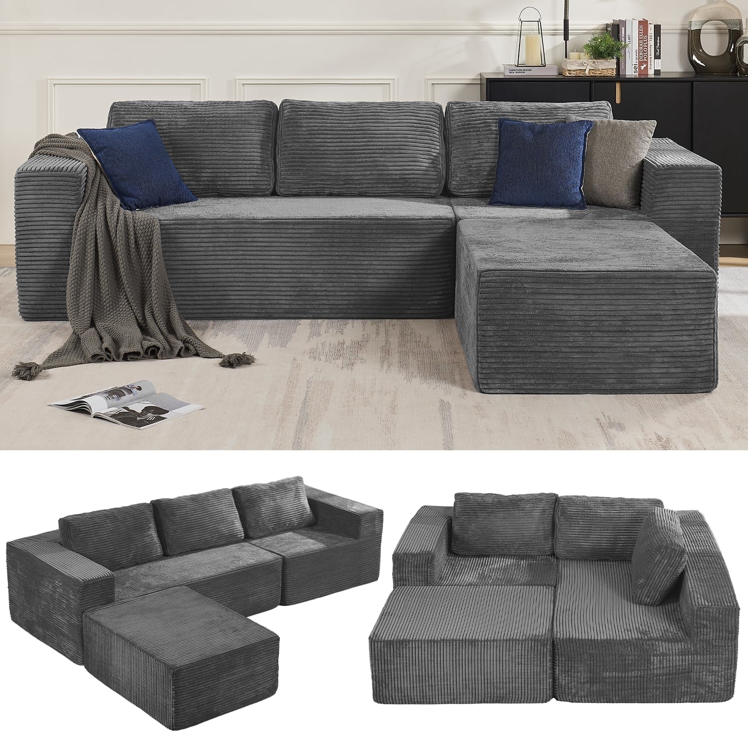 Front view of an L-shaped gray corduroy modular sectional with chaise, throw and pillows in a staged living room.