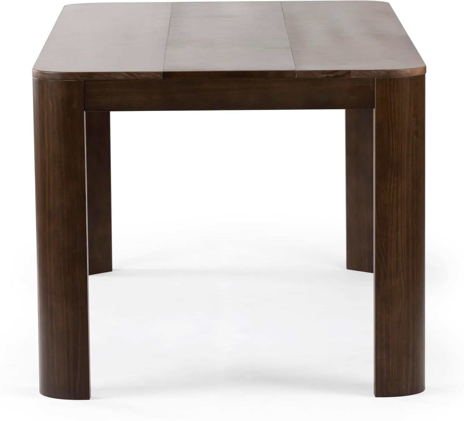 Head-on view of table end highlighting rounded corner and rounded leg under the three-panel top