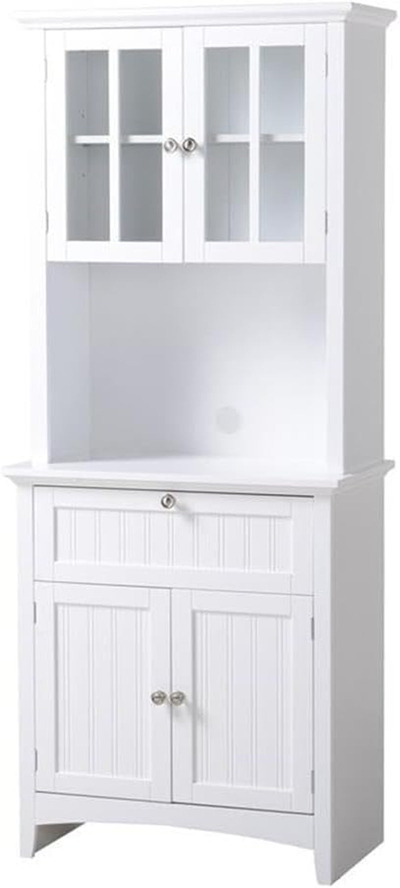 Front view of white farmhouse buffet and hutch with glass upper doors and beadboard lower doors