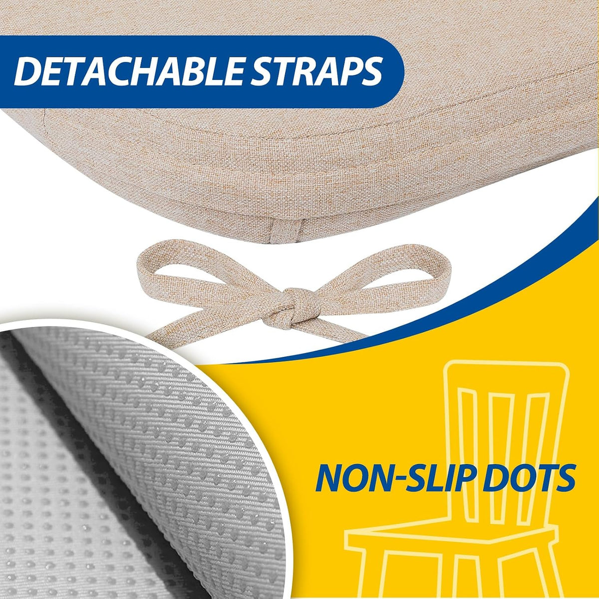 Close-up of an oatmeal beige cushion corner with tied bow and textured non-slip dot backing.