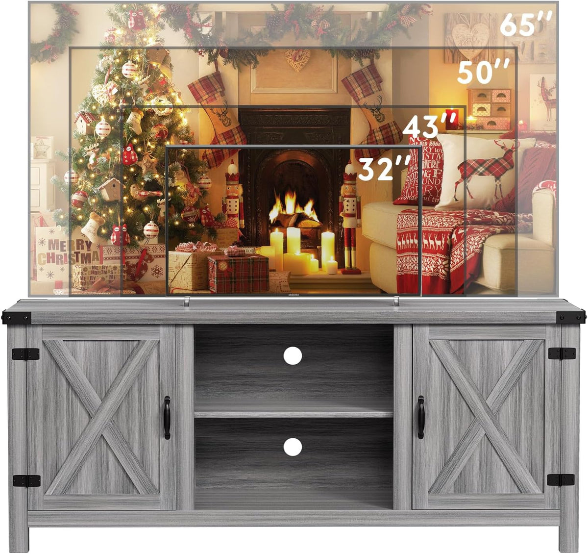 Front view of the entertainment console with center shelving and overlaid outlines indicating compatible TV sizes.