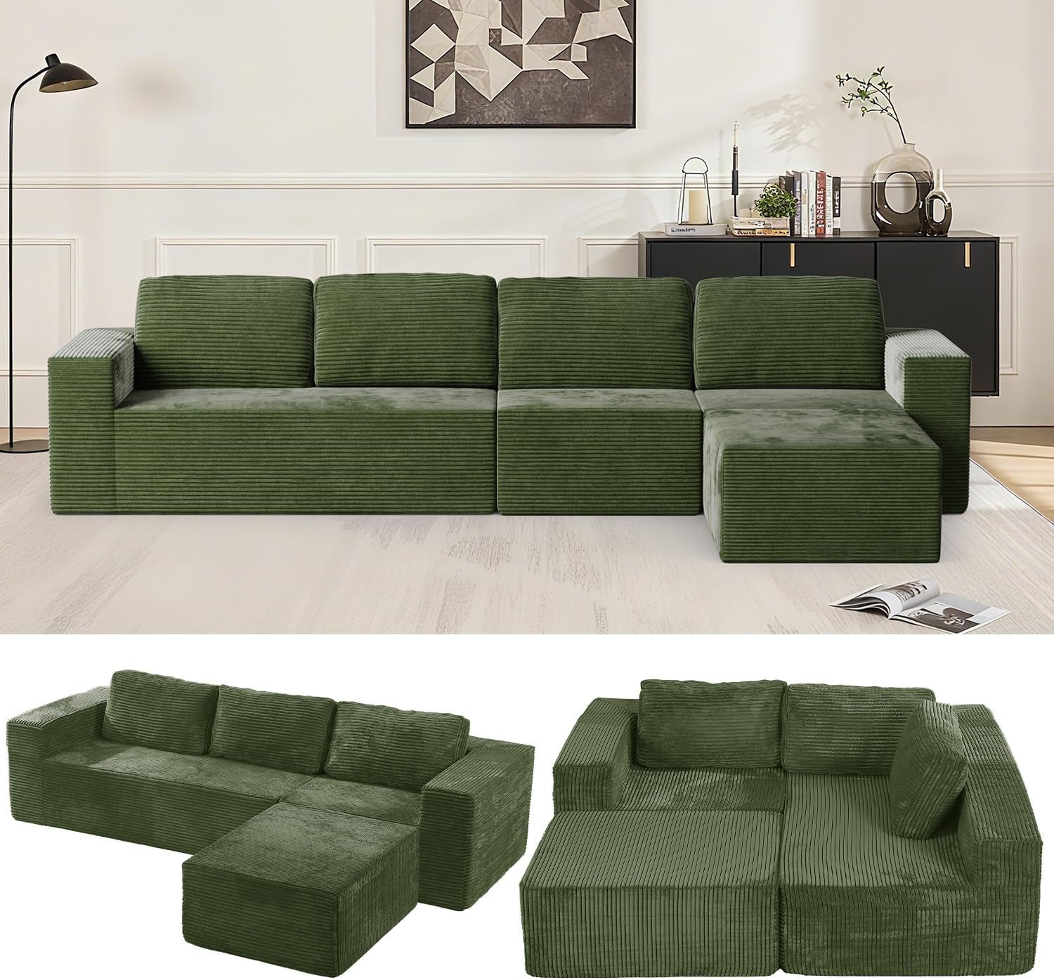 Front-facing green modular sectional with chaise on the right, plus two smaller images showing alternate layouts.