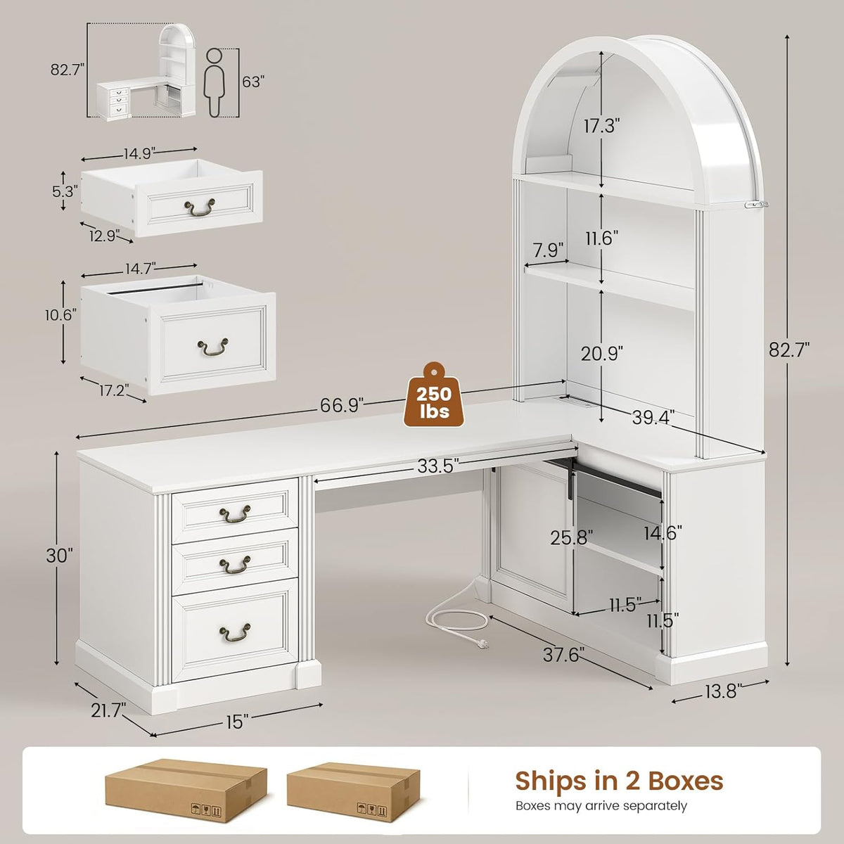 White desk and arched hutch shown in an annotated dimensions diagram