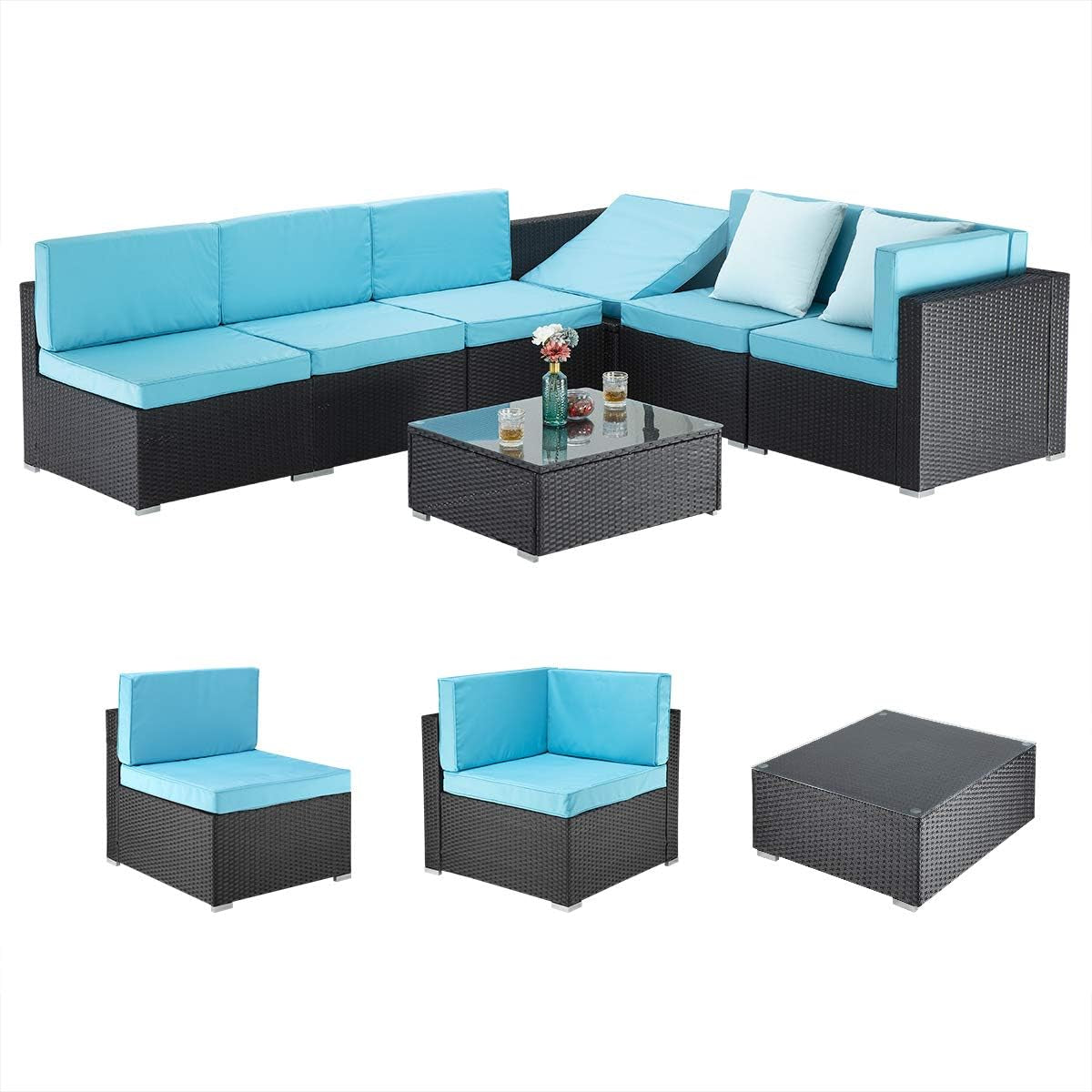 Studio view of dark rattan modular sectional with bright turquoise cushions and glass-top coffee table; individual modules