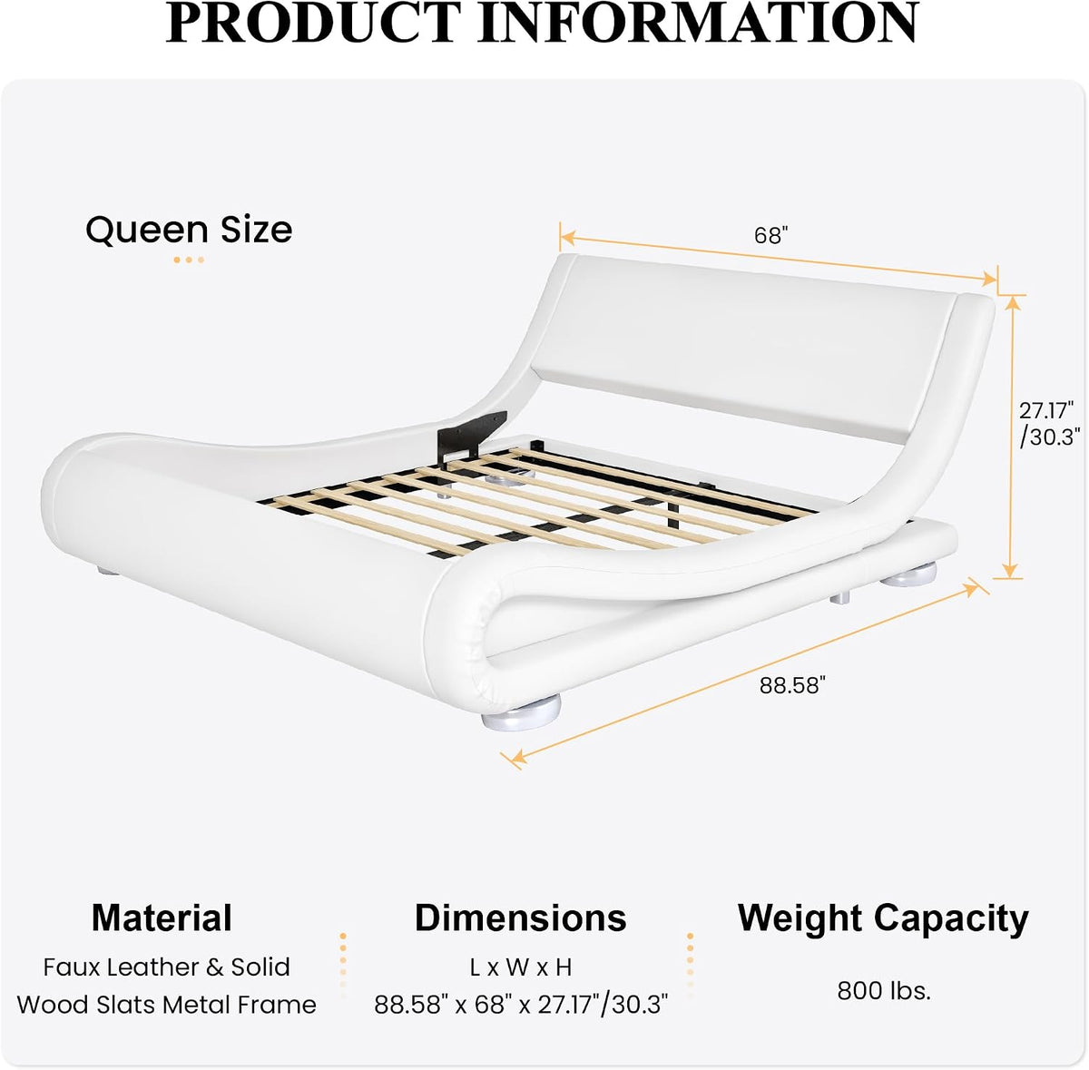 White platform bed frame with exposed wood slats and dimension overlay showing length and width