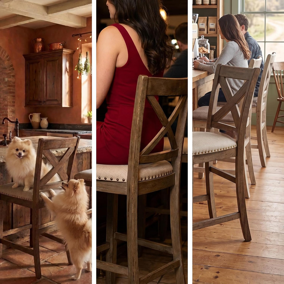Three vertical close-ups showing the stool’s X-back, nailhead-trim seat and people and pets using the stools.