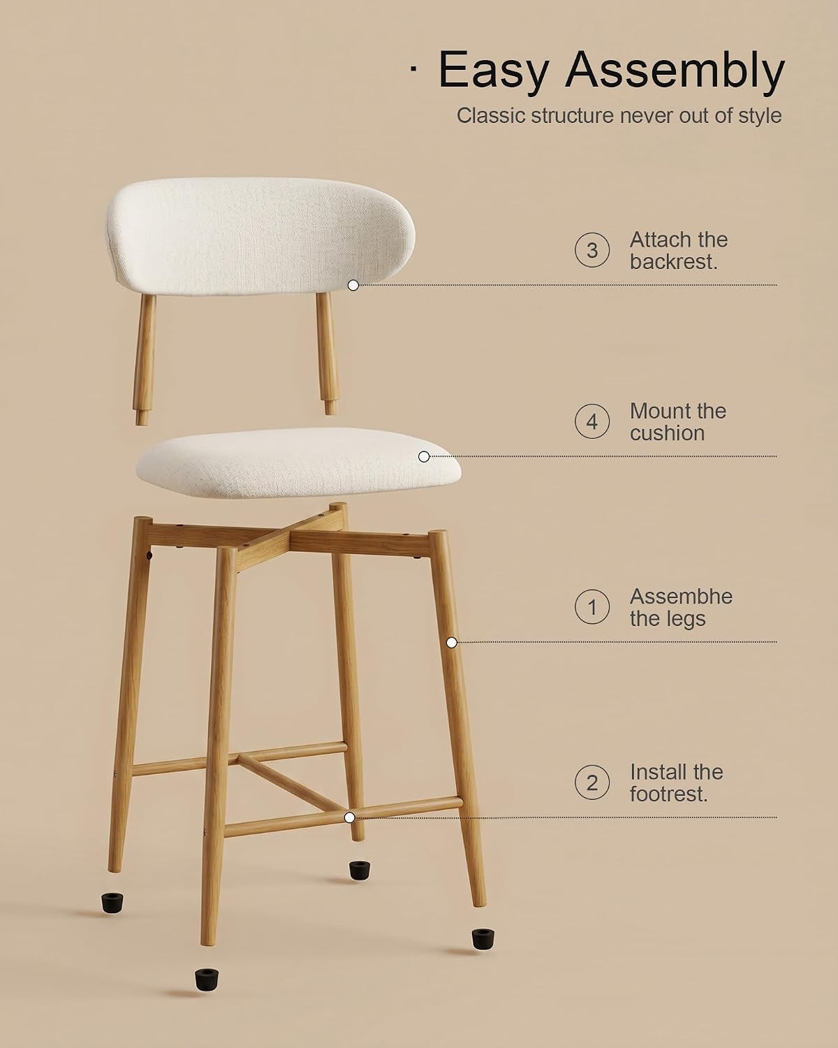 Exploded assembly view of the stool with legs, footrest, cushion, and backrest shown separated and labeled.