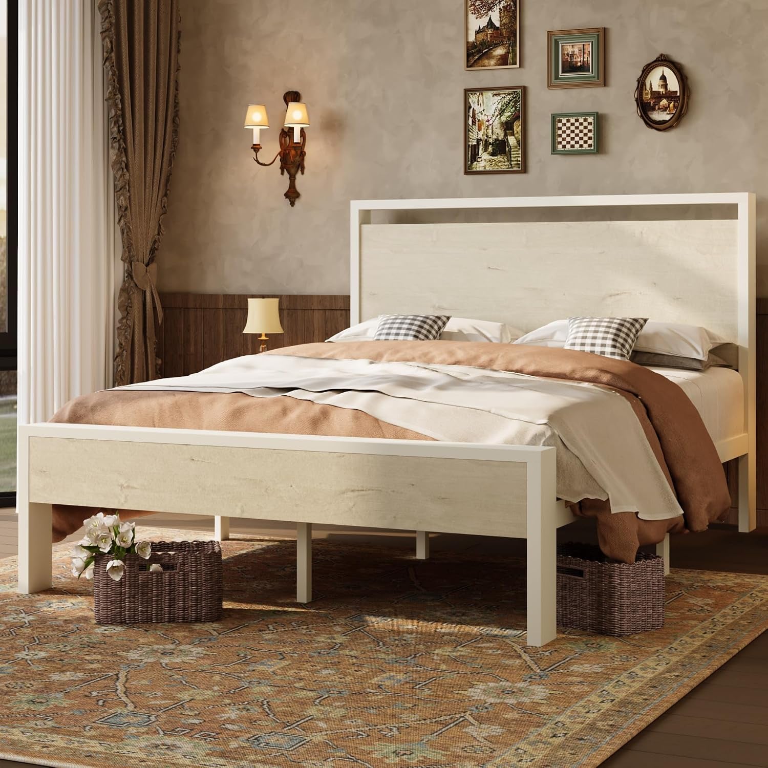 Angled view of a light cream wood bed showing headboard, footboard, and woven basket beside it