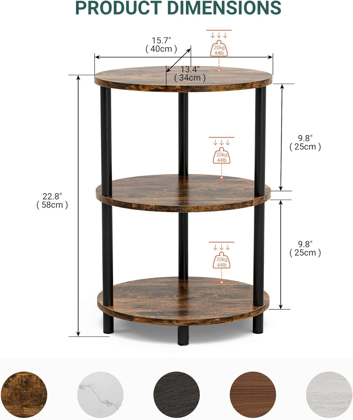 Graphic diagram showing the round table's proportions alongside five circular finish swatches