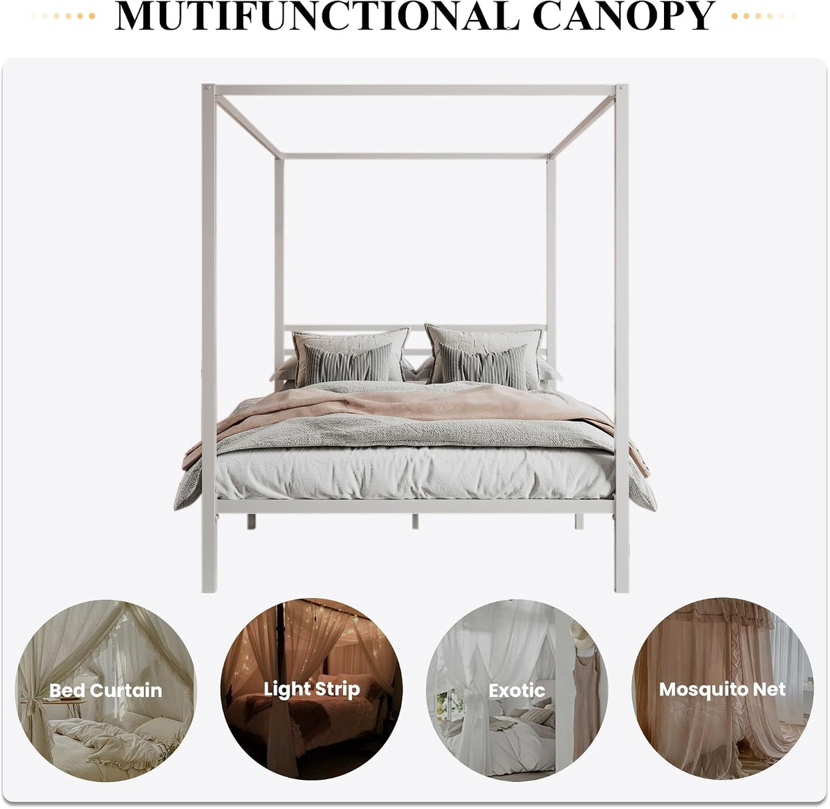 Front view of the white canopy bed on a white background, neatly made with pillows and a light throw.