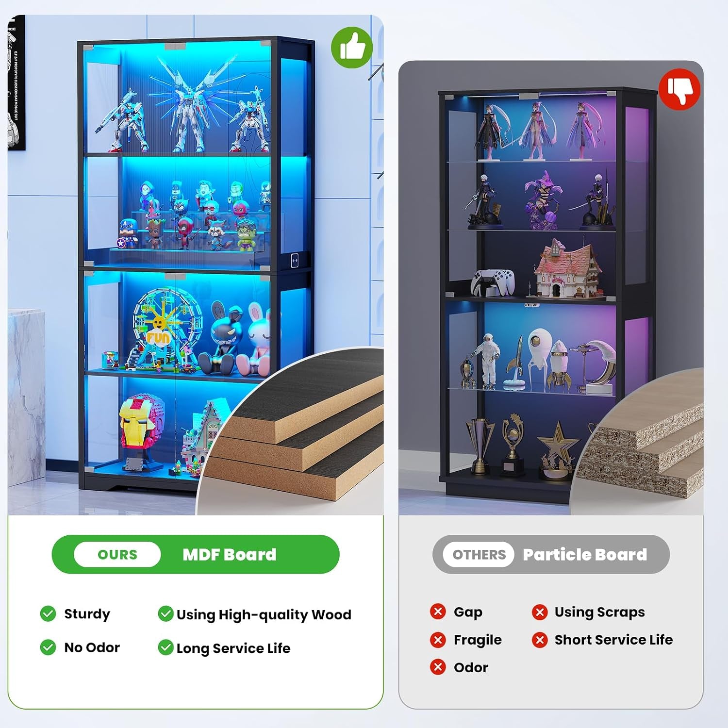 Two-panel graphic showing the cabinet with blue LED lighting beside a materials comparison panel highlighting board types