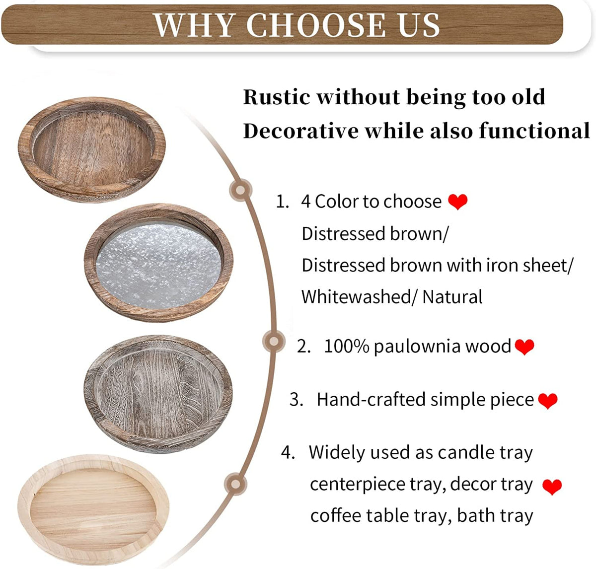 Four round wooden tray finishes shown vertically: dark, dark with metal, gray-washed, and natural wood.