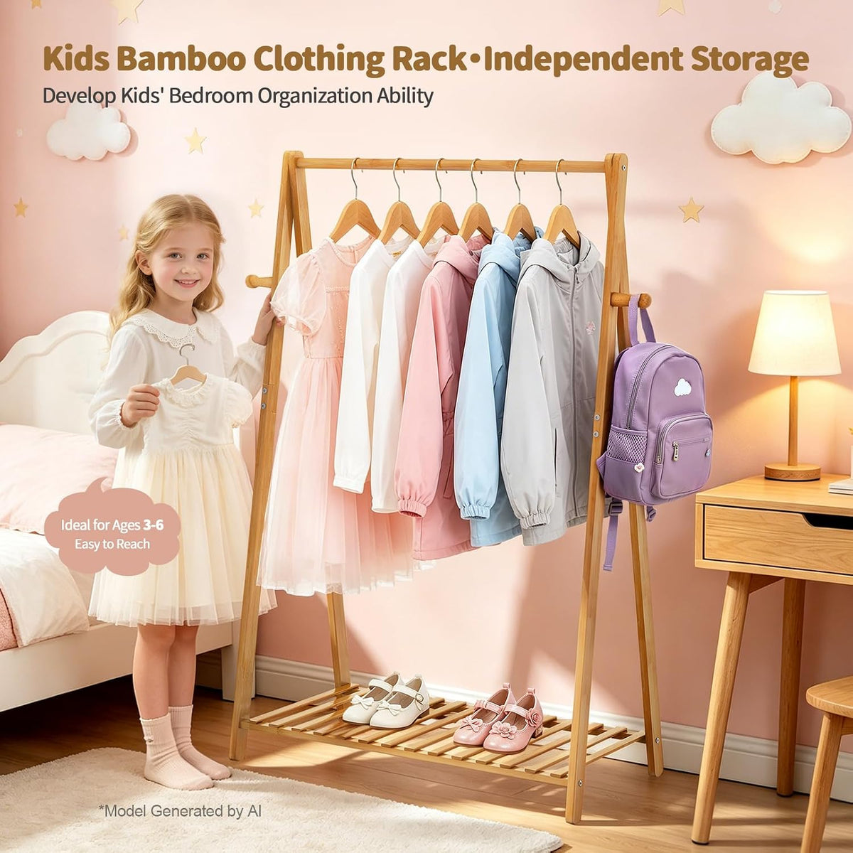 Child beside the bamboo rack holding a dress; jackets and a backpack hang from the rail, shoes on lower shelf.