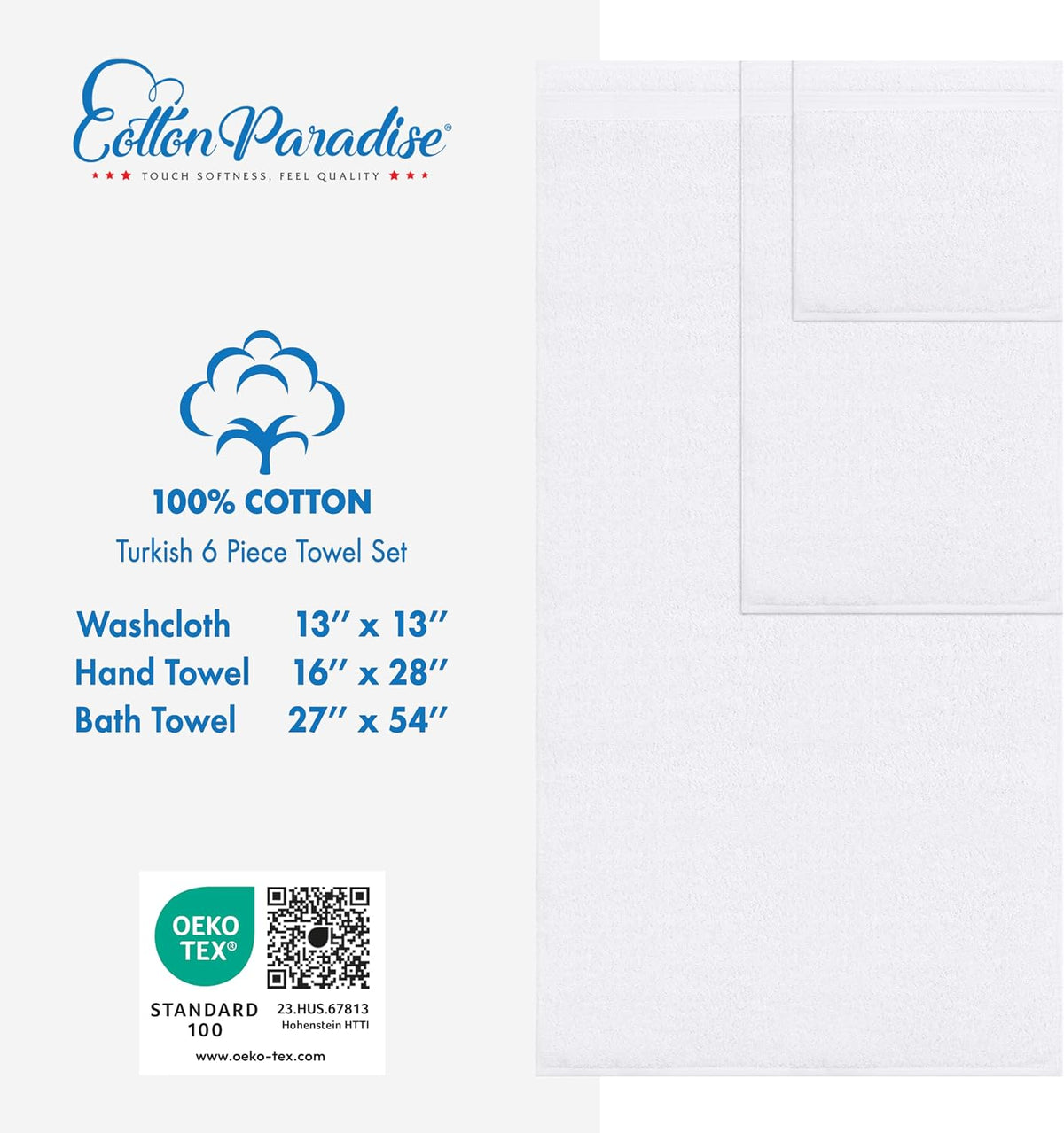 Flat white towels shown with size labels printed beside them on a pale background.