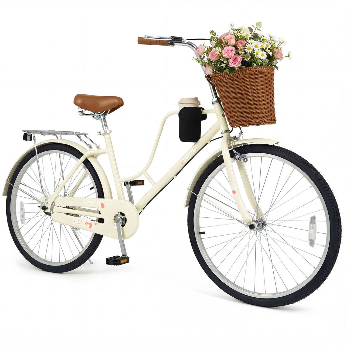 Cream-colored cruiser bicycle displayed against a white background, with a woven basket of flowers and a handlebar cup