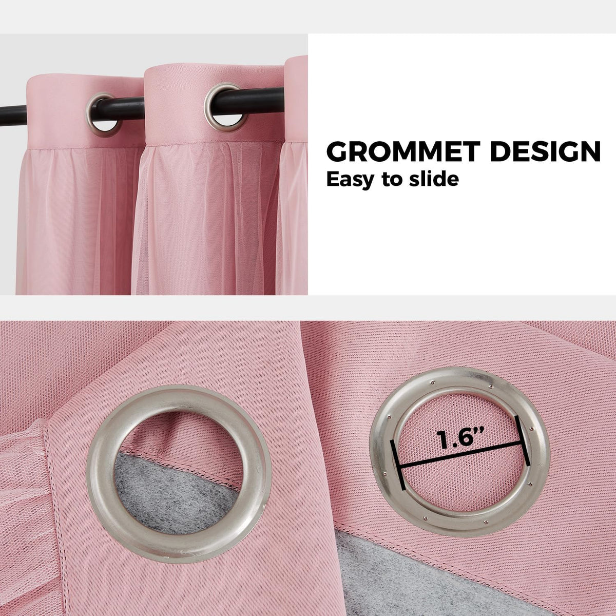 Close-up of two metal grommets in pink curtain fabric, one showing internal ring and measurement graphic.