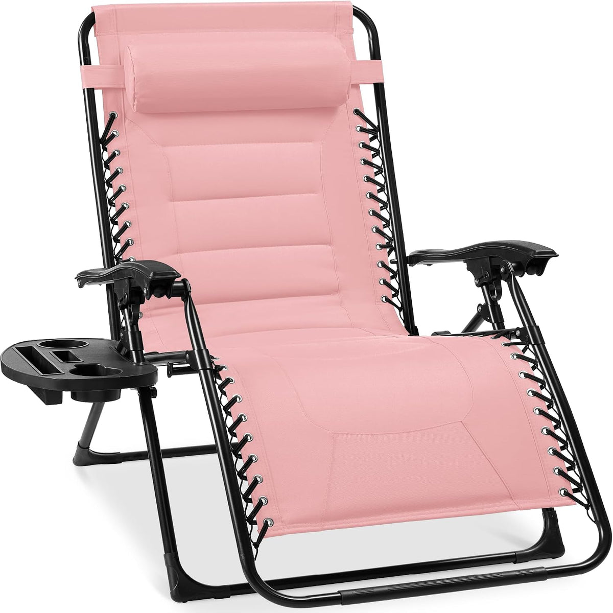 Front view of a pink padded zero-gravity recliner with black frame, cup holders and padded headrest