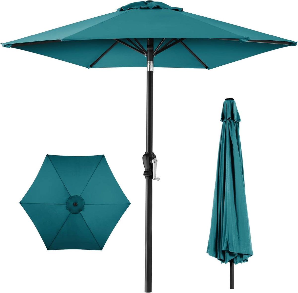 Teal umbrella open and folded, showing black pole, crank handle and top-down hex view