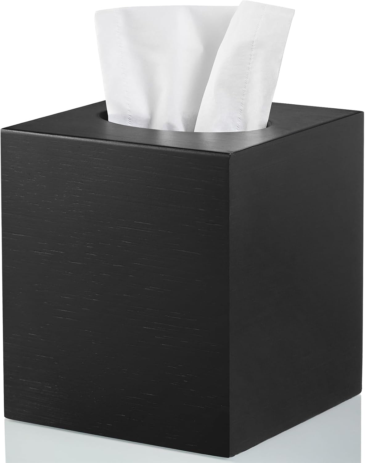 Black square tissue box cover shown at a slight angle on a reflective surface.