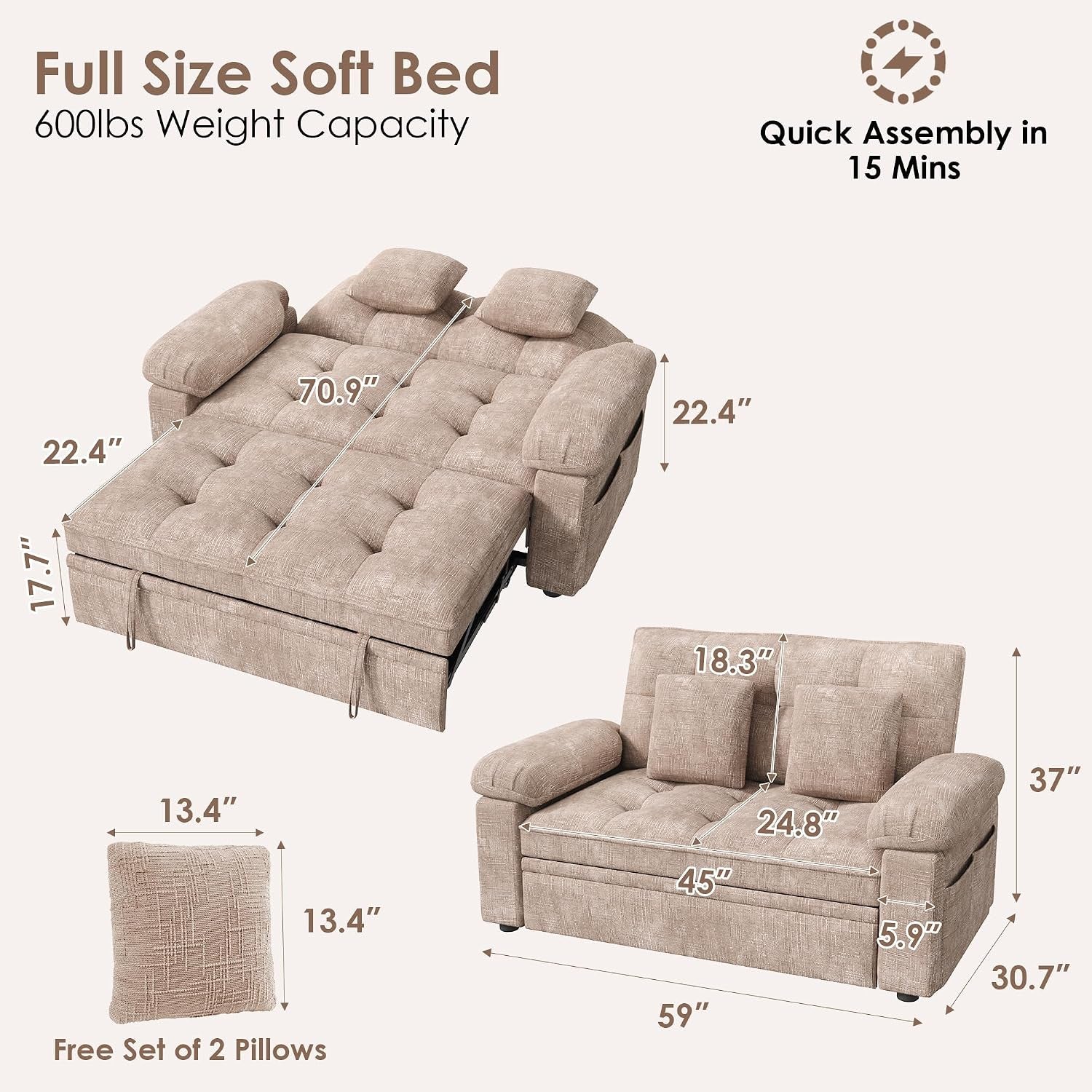 Dimension diagram showing loveseat in bed and sofa configurations with measurements and two free pillows