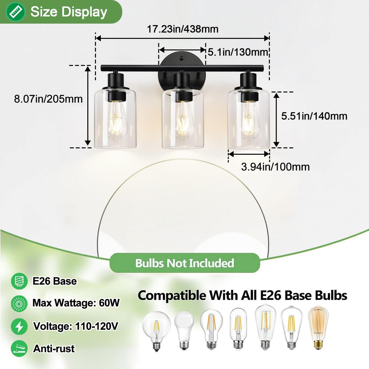 Diagram of the three-light fixture showing top bar and three clear shades with measurement arrows