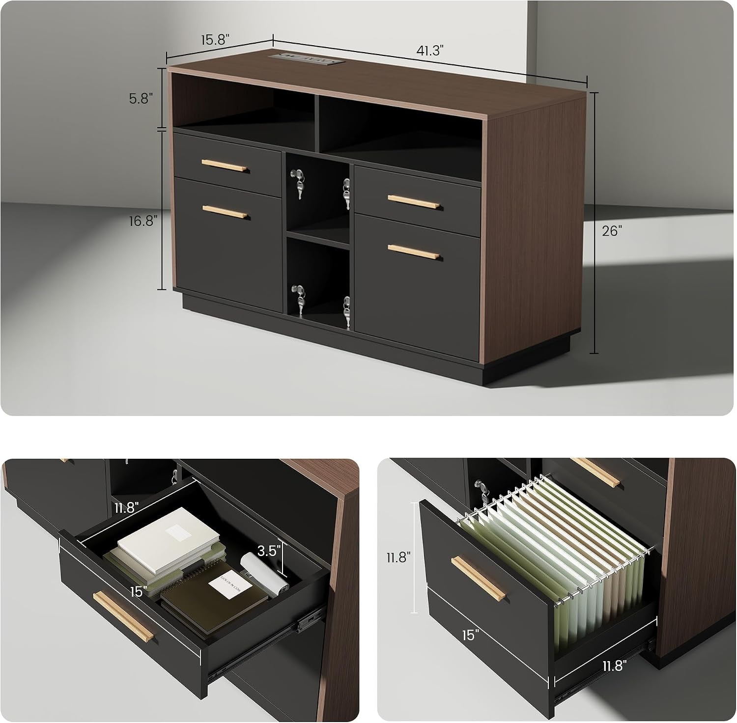 Black walnut storage cabinet with open shelves and four drawers shown with dimensional callouts and drawer interiors