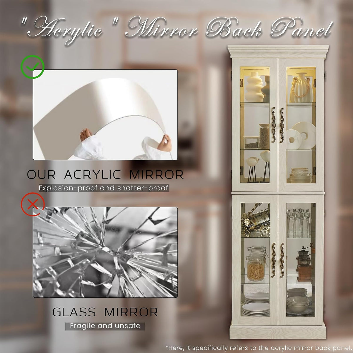 Light-colored tall curio cabinet at right with interior-lit glass doors; left side shows comparison visuals of a flexible